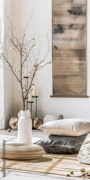 Fototapeta Minimalist interior design composition in a bright room with Scandinavian and zen decor. Home interiors in a luxurious style.