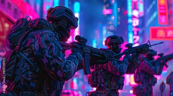 Fototapeta infantry troops performing a drill and review in camouflage, amidst a futuristic cityscape, rendered in cyberpunk style with neon accents