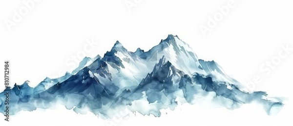 Fototapeta A beautiful watercolor of a snowy mountain range, majestic and pristine, isolated concept minimal with white background
