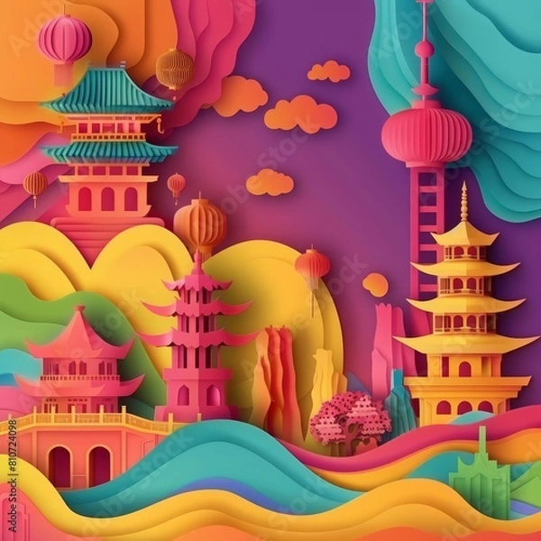 Fototapeta Futuristic color neon of festival in paper cut styles, crafting a colorful and textured celebration of global cultures, kawaii template sharpen with copy space