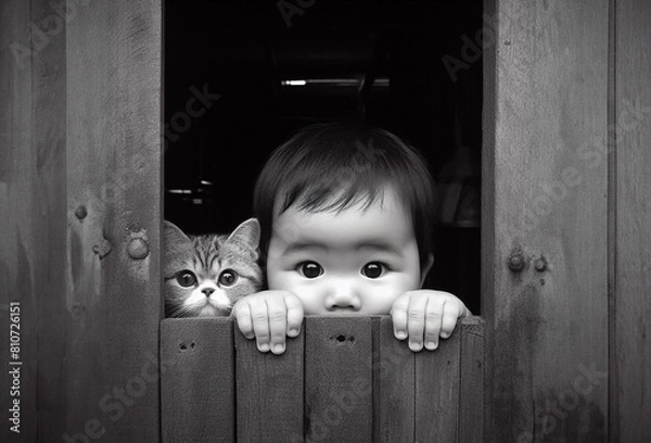 Fototapeta little child with a cat