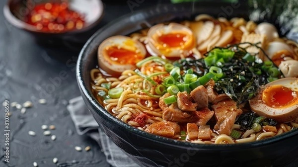 Obraz A bowl of Japanese ramen topped with 3 eggs, meat, spring onion, sprinkled with dried seaweed, sesame seeds and chili powder. with a spicy broth. appetizing for one serving. Close up view.