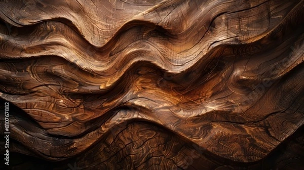 Fototapeta Dark oak wood banner featuring ancient, rustic waves in the grain, golden-brown tones glowing under precise studio lighting
