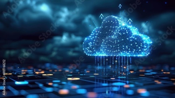 Obraz Abstract digital cloud with arrows up and down and dollar coins tower.