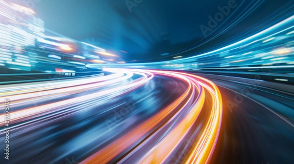 Fototapeta A dynamic night scene of swirling city traffic lights in motion blur.