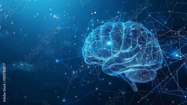 Fototapeta Abstract AI brain concept, digital wires forming a human brain silhouette on a blue cyber technology background
