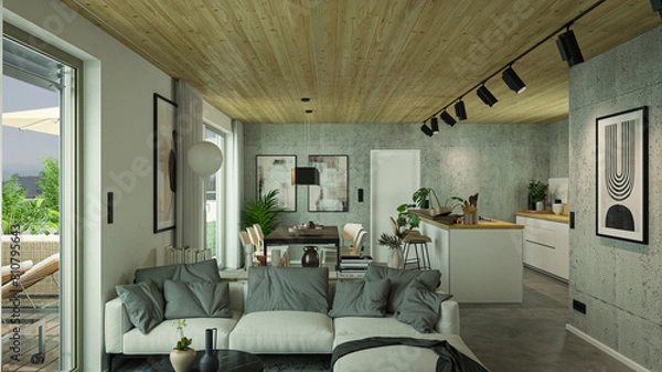 Obraz luxury modern Loft Penthouse Apartment with wooden ceiling and concrete elements, big windows mountain view outside and kitchen