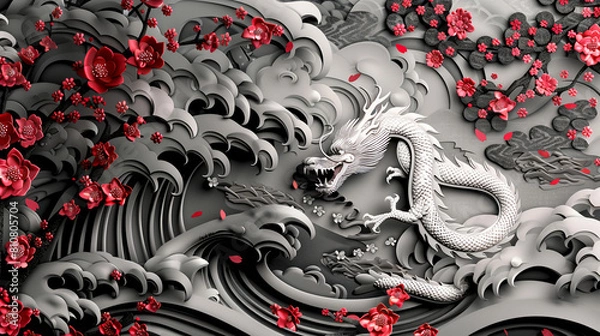 Fototapeta 3D papercut art of sea waves and red cherry blossoms with a dragon scale pattern and intricate details against a fantasy background