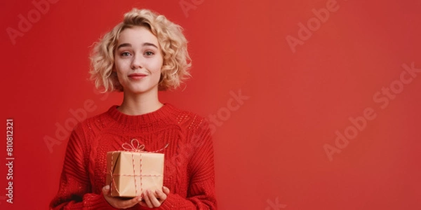 Obraz Young woman holding a box with a gift on a bright background. Generative AI