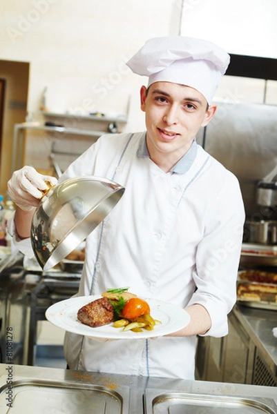 Obraz cook chef with food in kitchen