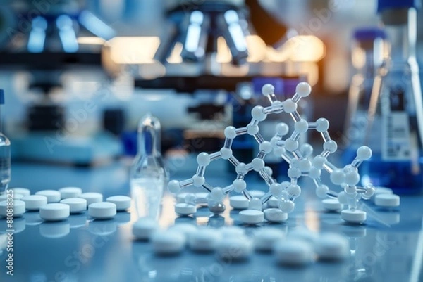 Obraz Biopharmaceuticals discovery process close-up on new drug compounds and molecular analysis