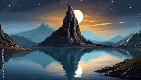 Fototapeta Rock mountain range with a large full moon is reflecting on the water. Serene and peaceful atmosphere