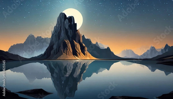 Fototapeta Rock mountain range with a large full moon is reflecting on the water. Serene and peaceful atmosphere