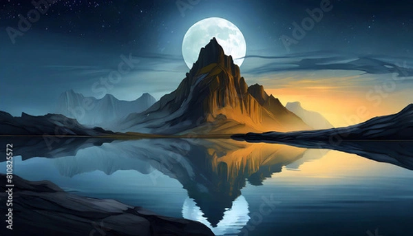 Fototapeta Rock mountain range with a large full moon is reflecting on the water. Serene and peaceful atmosphere