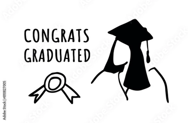 Fototapeta Elements for design of banner, card, poster, diploma or certificate. Graduate of an educational institution in outline cartoon style. Graduate silhouette. Stamp for the certificate.