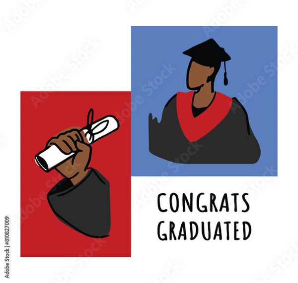 Fototapeta Student's hand with a diploma. A scroll tied with a ribbon. Certificate of academic achievement. Flat vector illustration in cartoon style. Graduate in ceremonial clothes. Banner design elements
