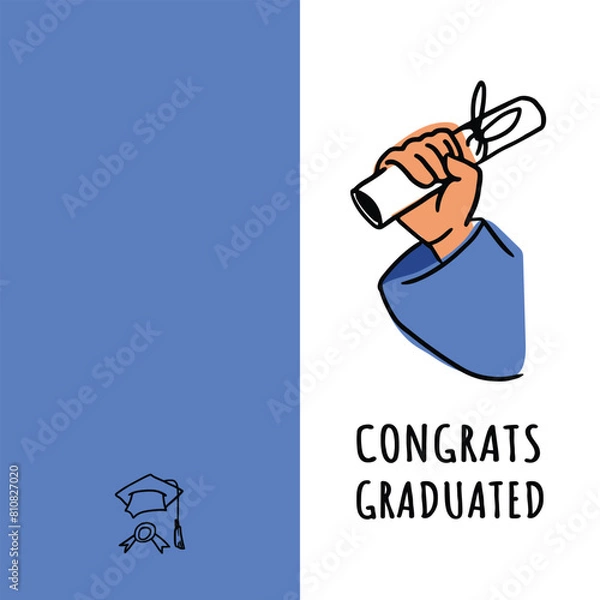 Fototapeta Student's hand with a diploma. A scroll tied with a ribbon. Certificate of academic achievement. Flat illustration in cartoon style. Postcard with congratulations on the graduation.