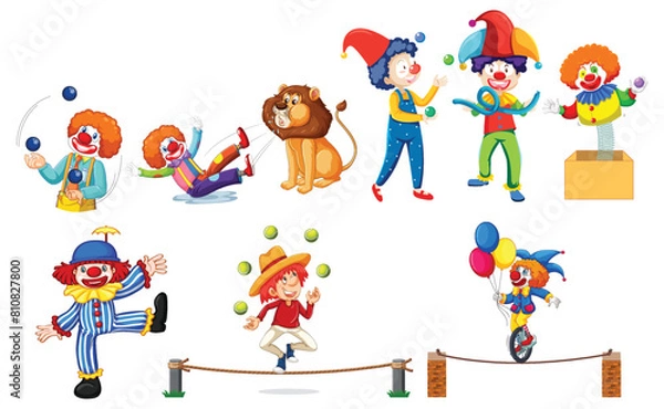 Fototapeta Various circus performers and clowns in dynamic poses