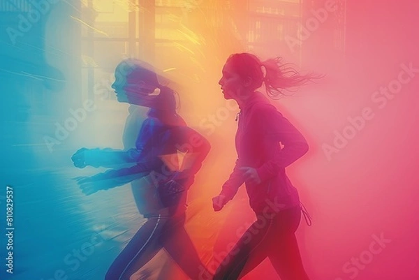 Fototapeta Two dynamic silhouettes of runners set against an abstract, brightly colored, blurred background