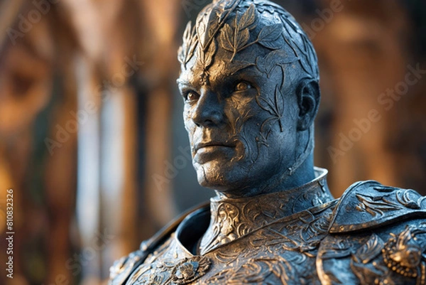 Fototapeta Realistic Sculpture of a Heroic Warrior in Detailed Metal Armor, Embossed with Leaf Patterns, Evoking Mythical and Historical Themes