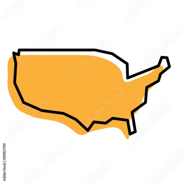 Fototapeta United States of America country simplified map. Orange silhouette with thick black sharp contour outline isolated on white background. Simple vector icon