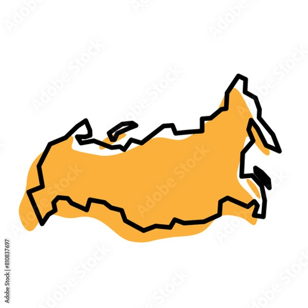 Fototapeta Russia country simplified map. Orange silhouette with thick black sharp contour outline isolated on white background. Simple vector icon