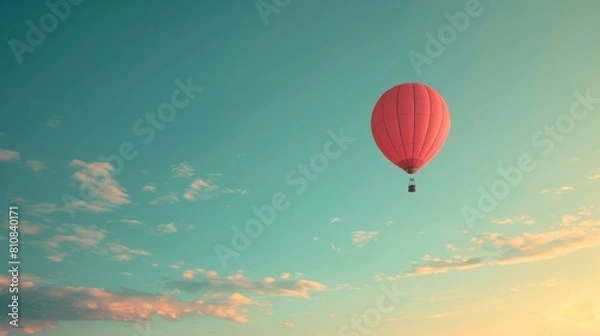 Fototapeta A red hot air balloon is floating in the sky above a blue sky