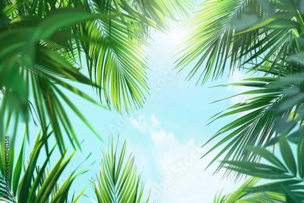 Fototapeta Sunlight filtering through tropical palm tree leaves, ideal for travel and nature concepts