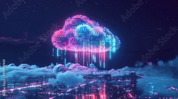 Fototapeta Cloud computing cityscape, smart city.big data exchange storage, future technology futuristic concept.