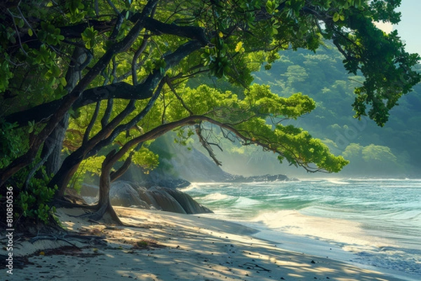 Fototapeta A beach with a tree in the foreground and a body of water in the background