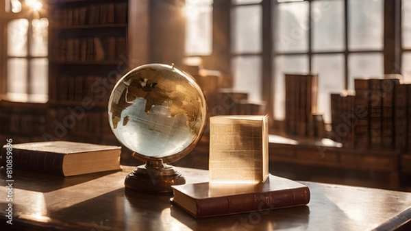 Obraz Crystal glass globe with  books and library background for environment and conservation. . Earth crystal glass globe ball. AI generated image, ai