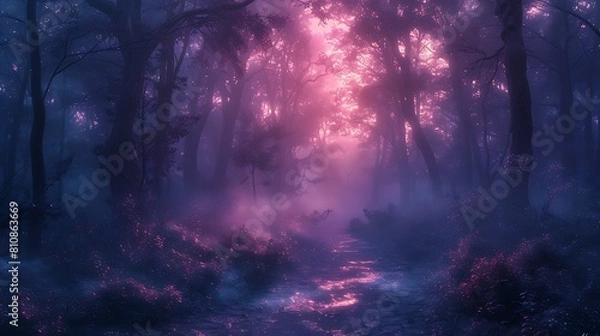 Obraz Immerse yourself in a twilight scene in a haunted forest, where the last light fades over a path flanked by shadowy, skeletal trees.