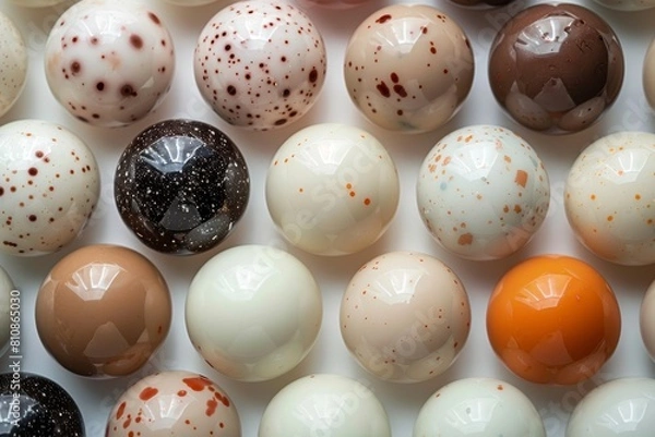 Obraz Speckled and uniquely patterned Easter eggs artistically displayed with a blurred foreground on a white background