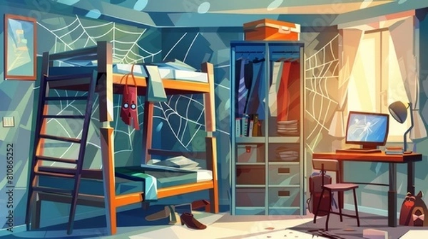 Fototapeta Vacant, dirty student dormitory room with spiderwebs, ragged wallpaper, and scattered garbage. Cartoon illustration of abandoned living apartment with bunk bed, wardrobe, and desk with computer.