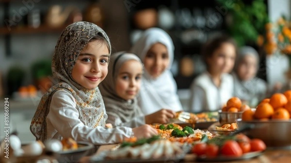 Fototapeta group of happy muslim having dinner during ramadan celebration ,family cooking together