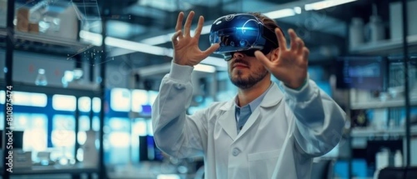 Fototapeta A 3D content creator in a laboratory wearing a virtual reality headset works and gestures in augmented reality. A stylish low angle portrait shot of the engineer.