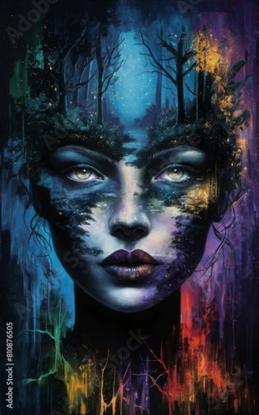Fototapeta Abstract portrait of a woman's face with vibrant colors surrounding her within the silhouette of the face you can see a forest landscape with a river 