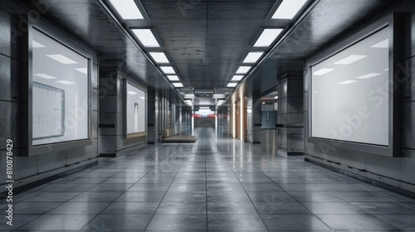 Fototapeta A large, empty, and dimly lit hallway with a few posters on the walls. Scene is somewhat eerie and desolate