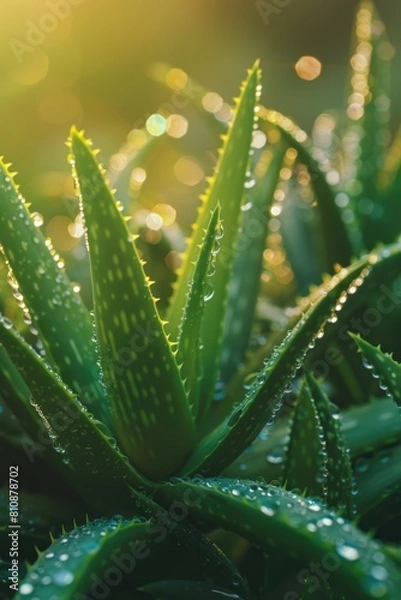 Fototapeta A lush green plant with droplets of water on its leaves. The droplets are scattered throughout the plant, giving it a fresh and vibrant appearance. The plant is surrounded by a green background