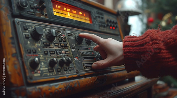 Obraz closeup of the hand turning on an old radio, with focus centered around it and the channel shifting button
