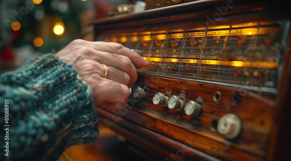 Obraz closeup of the hand turning on an old radio, with focus centered around it and the channel shifting button
