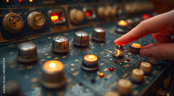 Obraz closeup of the hand turning on an old radio, with focus centered around it and the channel shifting button