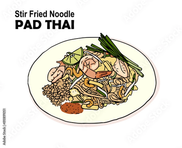 Fototapeta Stir fried noodle (Pad Thai) on white background. Hand draw style vector illustration.