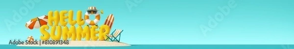 Obraz Funny character from inflatable swim ring and Hello summer is written in inflatable yellow letters on sandy island. Tropical scene with beach items. Ultra wide banner. 3D illustration.