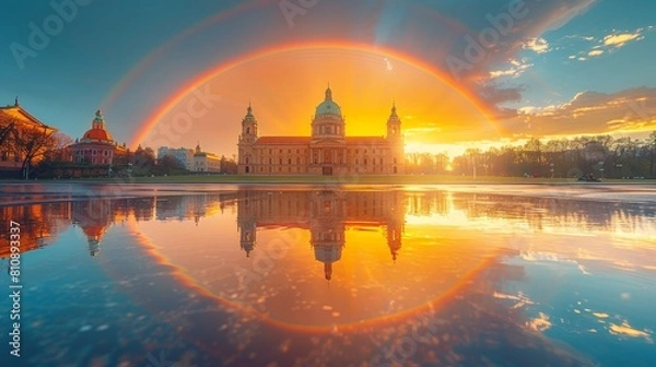 Fototapeta Stunning Sunset Over St. Mary's Basilica in Kraków, Featuring a Vibrant Rainbow and Reflective Water