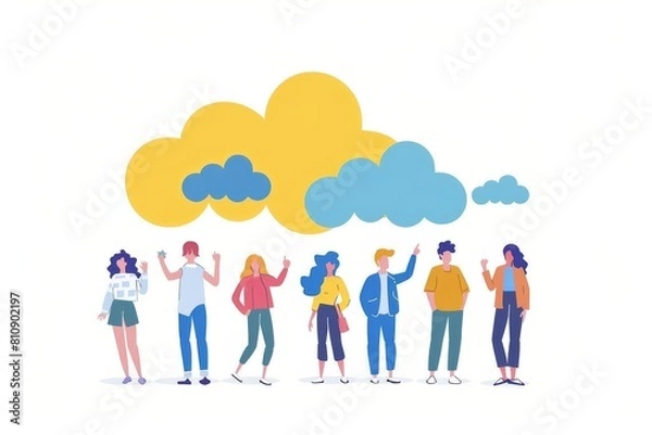 Fototapeta Bright integration of innovation in team cloud hosting services empowers modern cloud teamwork,cognitive desktop Innovation and network collaboration