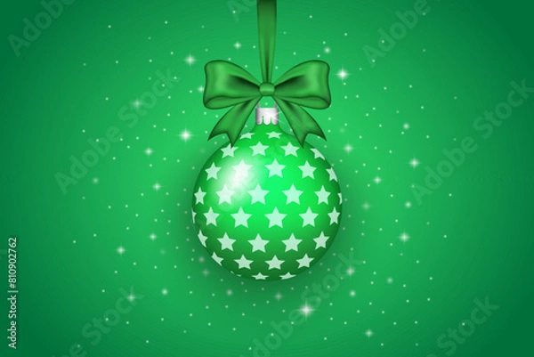 Obraz Christmas ball hanging with green bow. Snow background. Vector illustration