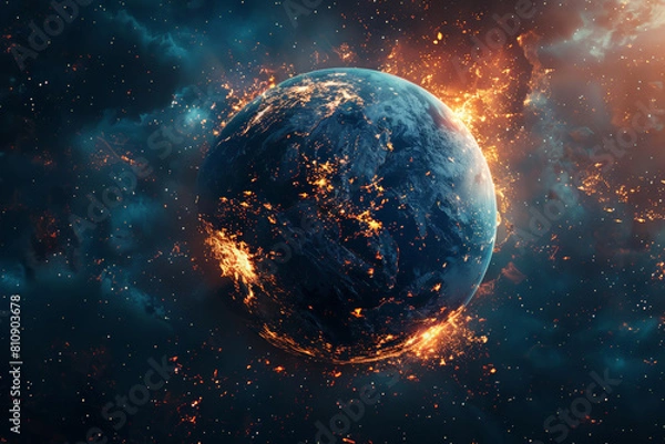 Fototapeta Cataclysmic apocalypse: Fiery destruction engulfs Earth in a cosmic, catastrophic end scenario.