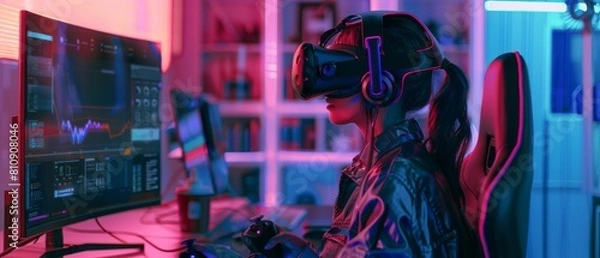 Fototapeta Young Cosplay Female Exploring VR Metaverse Online While Sitting Behind a Desk in a Neon Futuristic Room. Cyberpunk Gamer Girl Wearing a VR Headset and Using Controllers in a Neon Futuristic Room.