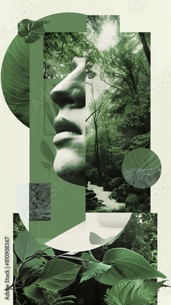 Fototapeta This striking collage blends the human profile with lush green forest elements, symbolizing a harmony between mother nature and humanity, pushing for sustainability and love for planet earth